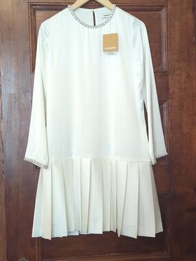 NWT Sandro Pleated Embellished Crepe de Chine Mini Dress White Size XS (34)